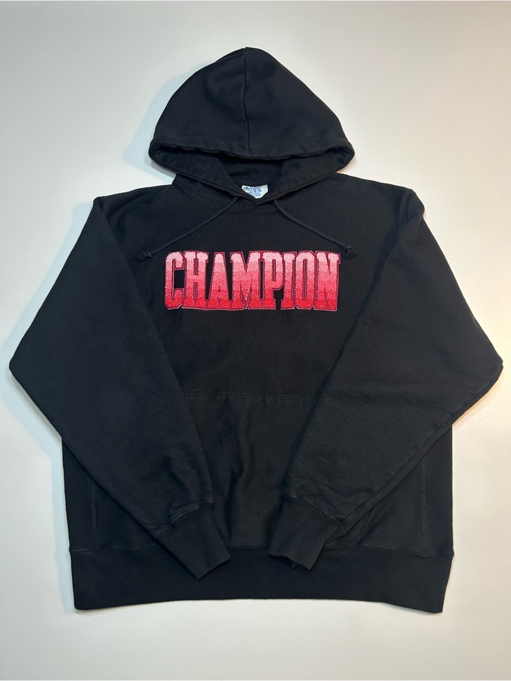 Champion Reverse Weave Black Chenille Red Ombre Spellout Pullover Hoodie